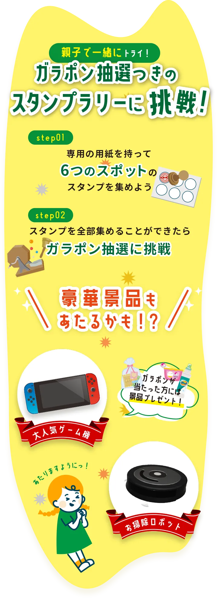 親子で一緒にトライ! ガラポン抽選つきのスタンプラリーに挑戦! step01 専用の用紙を持って6つのスポットのスタンプを集めよう step02 スタンプを全部集めることができたらガラポン抽選に挑戦